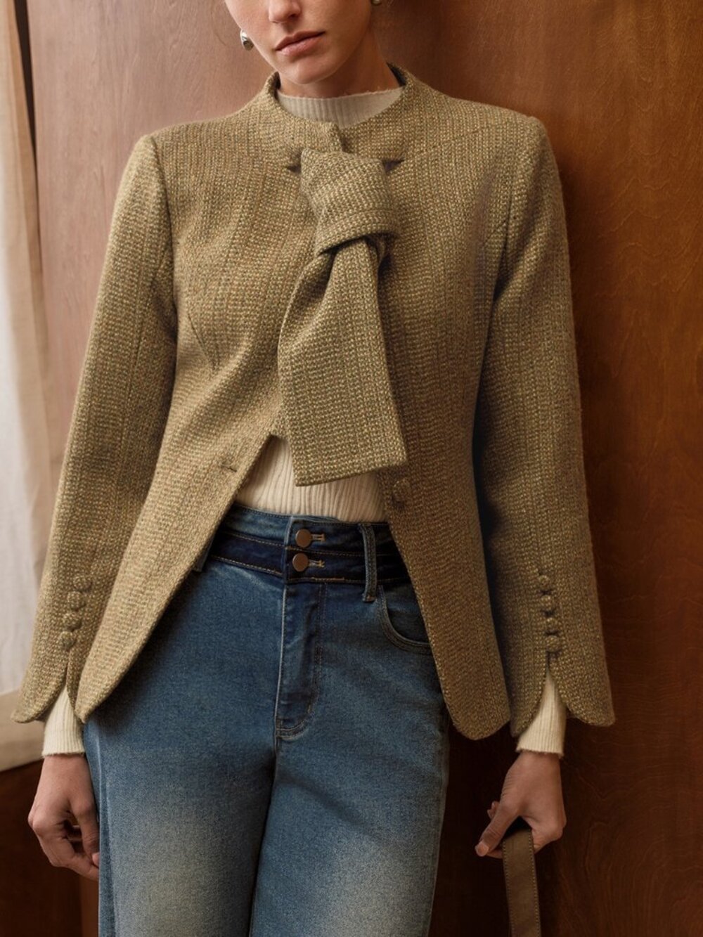 Khaki Casual Women's Tie Front Single-Breasted Overcoat